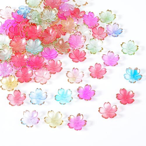 Nogeqi 100 cuentas de flores de cerezo acrílicas, perlas intermedias con borde dorado, pétalos de color degradado para pulseras, bisutería, pulseras, collares, manualidades, talla única, Resina