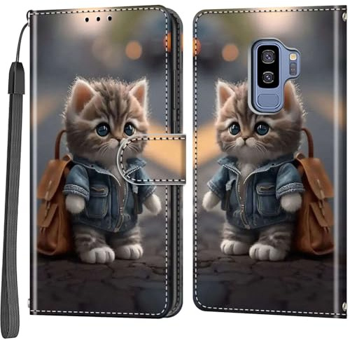 Handyhülle für Samsung Galaxy S9 Plus Hülle, Katze | Kartenfach, Standfunktion, Magnetische, Klappbar PU Lederhülle, Stoßfeste, Faltbar Klapphülle, Handytasche