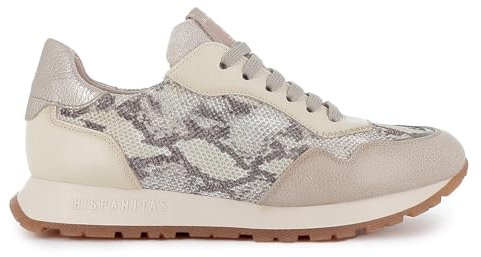 Hispanitas - Zapatos Sneakers de Piel con Cordones,Suela de Goma,Rejilla,Calado,Deportivo Casual, para: Mujer Color: Panna Talla:37