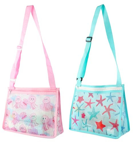SacJkt Strandtasche, 2 Stück Netztasche mit verstellbaren Schultergurten und Reißverschluss, Netztasche Strand für Urlaub am Meer（ Rosa + Hellblau）