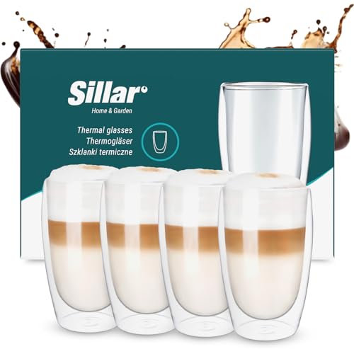Sillar Lot de 4 Verres à Café à Double Paroi en Verre Borosilicate 450 ml, Grands Verres Thermiques à Double Paroi, Verres à Latte Macchiato, Verres à Cappuccino, Verre à Café