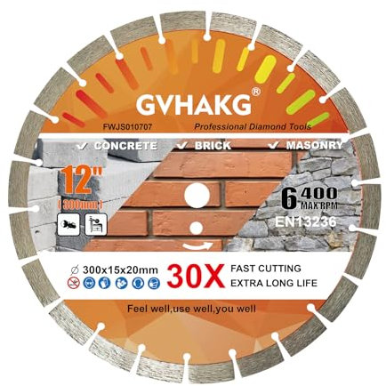 GVHAKG 300mm Diamond Cutting Disc,15mm Height Segmented Concrete Saw Blade for Dry/Wet Cutting Concrete Masonry Brick Block Stone(300x15x20mm)