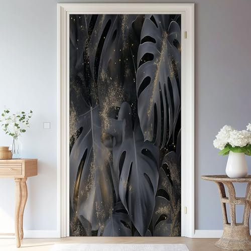 Carta Parati Porta Rimovibile PVC Autoadesivo 77 x 200 cm Adesivi Per Porte Interne Piante Astratto Foglie Soggiorno Cucina Camerette Bagno Autoadesivo Porta Murale Decorazione, Grigio Scuro