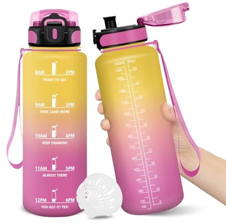 Botella Agua, 1500ML Libre de BPA, Botella Agua Gimnasio, Diseño de Cerradura a Prueba de Fugas, Botellas de Agua, Con Marca de Tiempo, Botellas de Agua Para Niños para Yoga, Camping - AmarilloRosa
