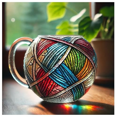 Painted Yarn Ball Mug | Unique Stained Glass Knitting Wool Coffee Mug | Funny Crochet-Themed Tea Cup Gift for Crafters & Knitters