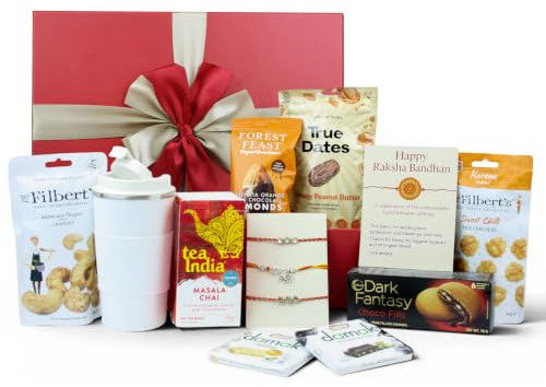 Emartbuy Rakhi Gift Hamper for Brother 12 Gifts, Masala Chai & Mug | Premium Raksha Bandhan hamper with three rakhis, 500ml temperature mug, pistachio chocolateS baklava, dates and chai