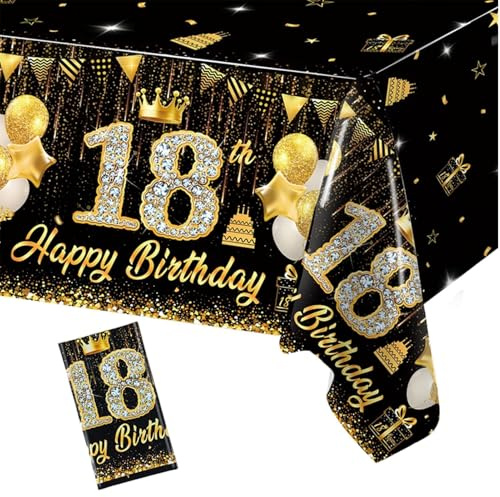 Schwarz Gold Geburtstag Tischdecke,200x130cm,Happy 18th Birthday Tischdecke | Alles Gute zum Geburtstag 18.Tischdecke,Deko 18. Geburtstag,Tisch Deko für Mädchen Jungen Party Dekoration