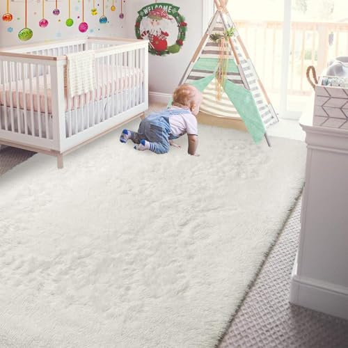 CHENMIAO Teppich Wohnzimmer 180 x 220 cm Anti Rutsch Extra Große Flauschig Bettvorleger Plüschteppich Anti-Rutsch-Rückseite für Schlafzimmer Schlafzimmer, Weiß