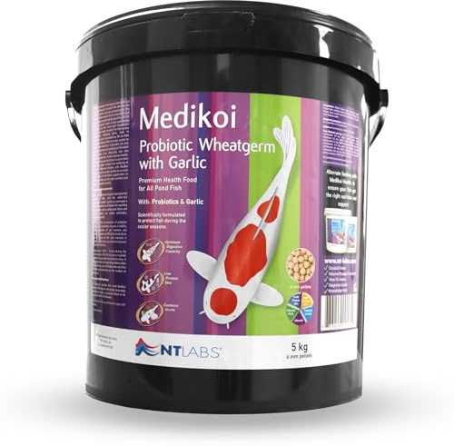 NT Labs Medikoi Probiotic Wheatgerm Garlic Fish Food Adult 6mm (5kg) | Low protein koi pond feed utilises probiotic bacteria and garlic extracts for cold water winter feeding and digestion.