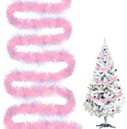5 Pcs Pink Tinsel, Tinsel Christmas Trees Pink Christmas Tree Decorations, Xmas Tree Decorations Shiny Tinsels Garland, 2m x 9cm Hanging Tinsels Decoration Applicable Xmas Trees Stairs