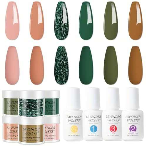 Lavender Violets Dip Powder Nail Kit French Nail Art Nude Pink, Olive Green, Forest Glitter, Nail Primer, Base/Top Coat, Activator, Recycling Tray, Manicure Set 07