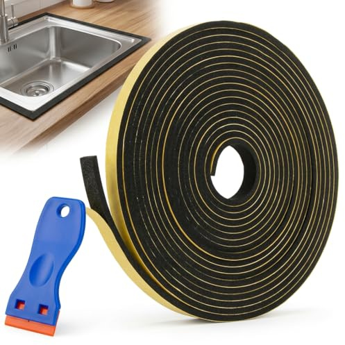 Self-Adhesive Foam Seal Tape, 10mm Wide x 3mm Thick Black Neoprene Foam Sealing Strip with Scraper Tool, Waterproof Weather Stripping for Window, Door, Car, Greenhouse and Kitchen Gaps, 5m Length