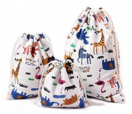 Amoyie 3 pcs Drawstring Storage Bags Set for Kid Stuff Travel Home Accessorie Animal