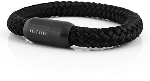 Akitsune Portus Bracelet Corde Voile | Boucle magntique Bracelet Femme Ancre Homme Maritime - Noir Mat - Noir 20cm