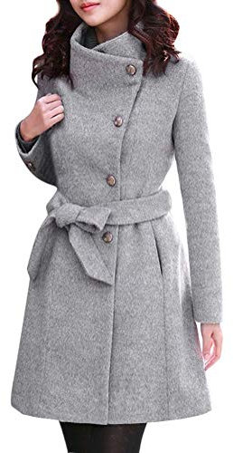 Minetom Damen Winterjacke Wintermantel Lange Jacke mit Gürtel Tasten Frauen Elegant Warm Mantel Wollmantel Trenchcoat Outwear Parka Grau DE 36