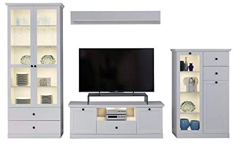 Newfurn Wohnwand Anbauwand Landhaus Wohnzimmerschrank Wohnlandschaft Mediawand Fernsehschrank II 331x196x 41 cm (BxHxT) II [Mikka.one] in Weiß Dekor/Weiß Dekor Wohnzimmer