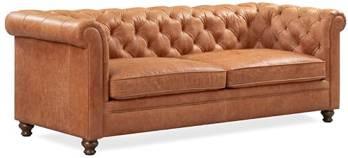 POLY & BARK Lyon 87.4” Leather Sofa in Cognac Tan – Full-Grain Pure-Aniline Italian Leather, Deep Button Tufting, Rolled Arms and Espresso Wood Legs – Chesterfield Style for Elegant Living Rooms