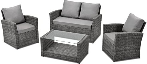 SVITA Roma Polyrattan Lounge Rattan Garten Möbel Set mit Sofa und Sessel Gartenlounge Essgruppe mit Tisch Grau