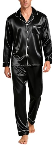 SWOMOG Mens Satin Pyjamas Set Long Sleeve Button Down Sleepwear Silk Pyjama Set Men Blouse and Long Pants PJs