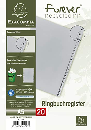 Exacompta 1723B Recycling Kunststoff-Register 20 Blatt mit bedruckten Taben A-Z für DIN A4 2/3 Höhe Ringbuchordner-Plastikregister für die ideale Ablage von Dokumenten Blauer Engel grau