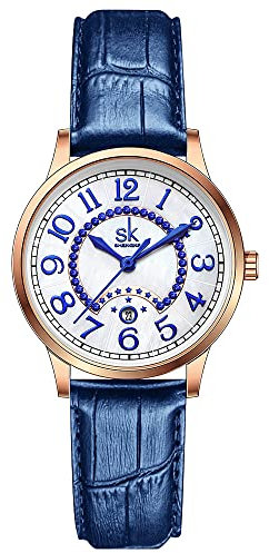 SHENGKE SK Business Classic Damenuhr mit echtem Leder Edelstahlband Elegante Damenuhr, Moonlight-Blue