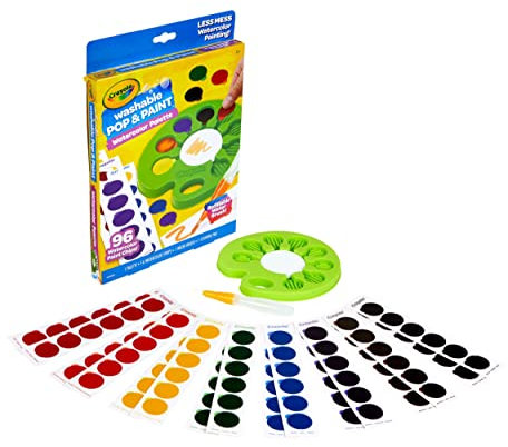 CRAYOLA Palette de peinture lavable POP & Paint | Comprend 96 puces de couleur jetables et un pinceau à eau rechargeable pour moins de désordre | Ensemble de peinture aquarelle pour enfants à partir