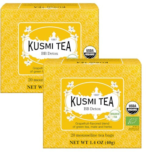 Kusmi Tea - BB Détox Bio - Lot de 2 boîtes - Mélange Biologique de Thé Vert, Maté et Pamplemousse - Thé Yerba Mate Aromatisé - Parfums Fins Acidulés - 2x20 Sachets de Thé