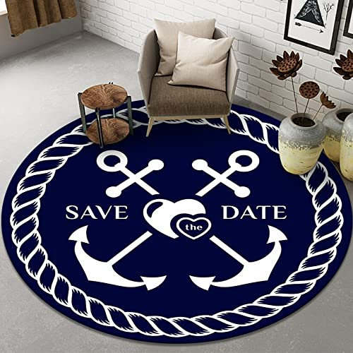 BZSBH Vintage Teppich Rund Dunkelblauer Anker Modern Wohnzimmer Kinderteppich Schlafzimmer Restaurant Teppich Matte - rutschfest Waschbar Runder Carpet Größe: Ø 100 cm Rund