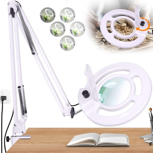 10X Magnifying Glass with Light and Stand, NUEYiO 2200 Lumens Stepless Dimming LED Magnifier Lamp, Adjustable Swing Long Arm Magnifying Light, Hands Free Craft Lamp for Projects Soldering Workbench