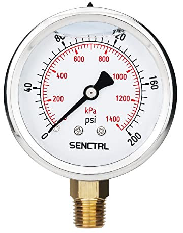 SENCTRL 0-200 Psi Glycerin Liquid Filled Pressure Gauge, 2.5 Dial Size, 1/4 NPT Lower Mount, Stainless Steel Case, for Water Oil Air Fuel Pressure Test in Pipe Pool Pump Sand Filter Air Compressor