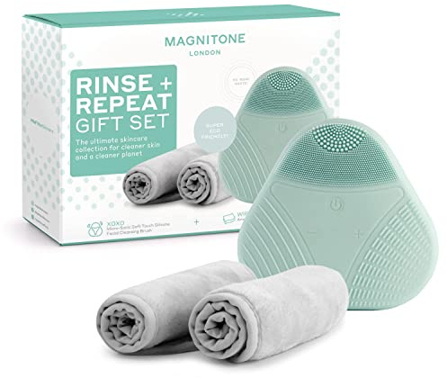 MAGNITONE Rinse + Repeat Gift Set - XOXO Silicone Facial Cleansing Brush | 100% Waterproof, WipeOut Microfibre Cleansing Cloths - Makeup Removal, Cleanse, Brighten and Soften Skin, USB Rechargeable