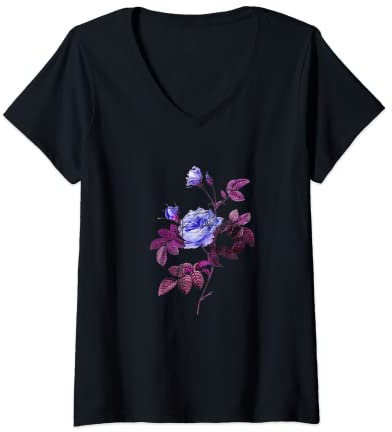 Damen Blauer Rosen-Schmutz-Blumen-Garten T-Shirt mit V-Ausschnitt