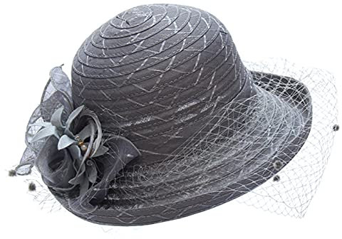 Damen Organzahut Sommer Hut Elegante Kirche Fascinator Braut Party Hochzeit Hut Klassischer Sonnenhut Mesh Bowknot Hut Vintage Urlaub Outdoor Strandhut Strohhut Outdoor Beach Mütze (y3-Grey, One Size)