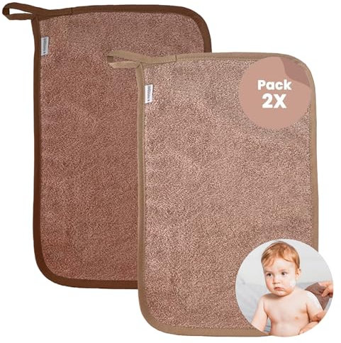 MIMUSELINA 2 Serviette Bebe - Lingettes Lavables et Serviettes de Toilette en Éponge pour Bébé, Très Absorbante, Serviette Petite Douce Hypoallergénique Et Réutilisable 4,5 cm, 450gr (Sable/Marron)