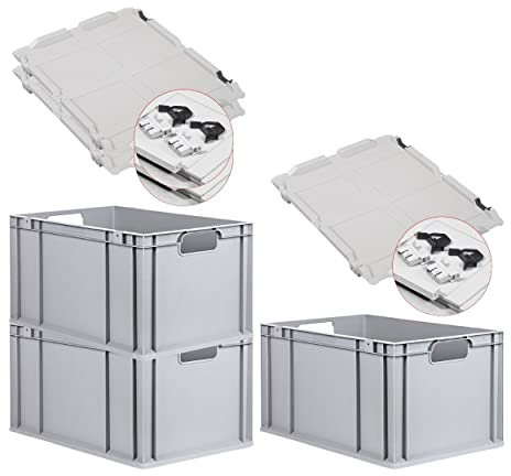 PROREGAL SuperSparSet 3x Eurobox NextGen Economy mit Scharnierdeckel & schwarzen Verschlüssen | Griffe offen | HxBxT 32x40x60cm | 65 Liter | Eurobehälter Transportbox Transportbehälter Stapelbehälter