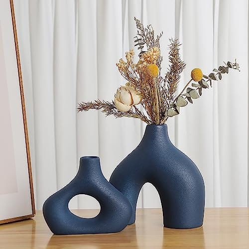 CEMABT Blue Ceramic Vase Set of 2 for Modern Minimalist Bohemian Decor，Round Matte Donut Vases for Pampas Grass-Perfect for Living Room, Dining Table, Office Bedroom Shelf Decor Entryway, Console