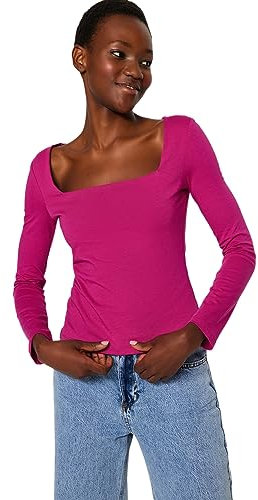 Trendyol Mujer Recta Manga Larga Delgado Blusa Blouse, Fucsia, S