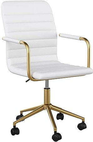 Martha Stewart Taytum Swivel Task Chair with Armrests for Home Office in White Faux Leather with Polished Brass Frame