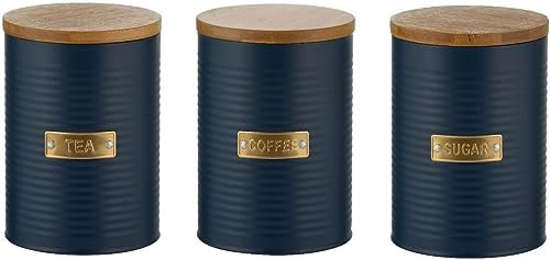 Home Deco London Tea Coffee and Sugar Set of 3 Round Containers Perfect for Storing | Airtight Kitchen Storage Caddy Canister Jars | with Bamboo Lid 1 Litre (Navy Tea, Coffee & Sugar Storage Set)