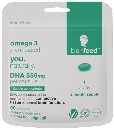 Omega 3 DHA 550mg Per Capsule for Brain & Eye Health (60) | 1-A-Day | Vegan Omega 3 Algae Oil | High DHA Supplements | Double Concentrated Algae Omega 3 Vegan DHA | 2 Month Supply