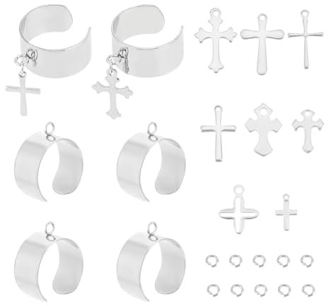 UNICRAFTALE 4 Sets Charm Ringe Set Edelstahl Damen Ringe Verstellbare Ringe Mit Kreuz Charms Anhänger Edelstahl Ringe Offene Manschette Fingerring Komponenten Für Die Herstellung von DIY Ringschmuck