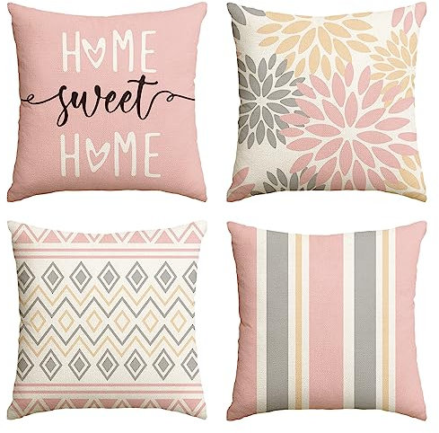 Artoid Mode Rosa Dahlien Geometrisch Kissenbezüge 4er Set, 40x40 cm Frühling Zierkissenbezug Cushion Cover Couch Wohnzimmer Außenbereich Deko