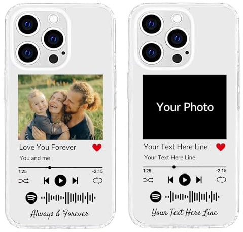 Personalisierte Handyhülle für iPhone 15 Pro Max, benutzerdefiniertes Foto-Song-Cover mit Spotify-Stilen, durchsichtige, weiche, selbst scannbare Handyhülle mit Musikplakette