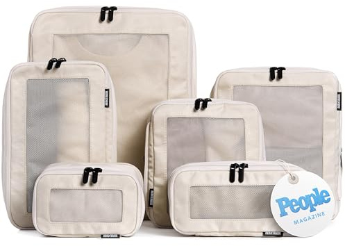 Aerotrunk Compression Packing Cubes for Travel - Luggage Organizer Bags - Double Zipper Packing Cubes for Suitcases (6-Pack, Beige)