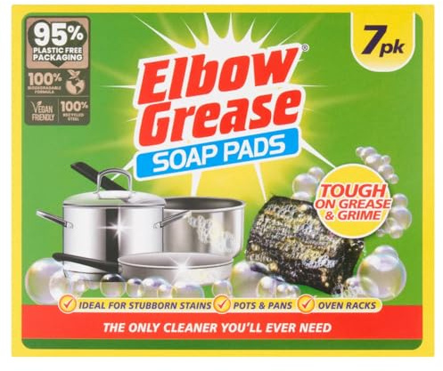 Elbow Grease Soap Pads (7 Pack) Tough Metal Detergent Filled Scourers | Washing Up Grease & Grime, Pots, Pans, Oven Racks & Stubborn Stains - 100% Recycled Steel, Biodegradable Formula, Vegan