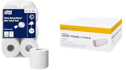 Tork SmartOne Mini Toilet Roll White T9, Advanced, 2-Ply, 12 x 620 Sheets, 472193 & AmazonCommercial Interfold V-fold Paper Hand Towels, 2-Ply, 15 Pack of 210 (3150 Sheets), White, 21 x 24 cm