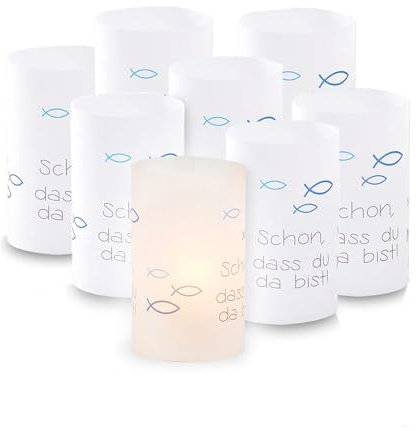 8 Stück Mini Tischlichter Kerzen Deko und 30 Stück Holz Kreuz Fisch Deko Tischdeko Windlicht Tischdeko Konfirmation, Konfirmation Deko als Tischdeko für Junge und Mädchen8,0 x 10,0 cm (Blau)