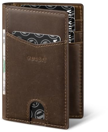 VULKIT Portafoglio Uomo Slim RFID Porta Carte di Credito Uomo in Vera Pelle Piccolo Portatessere con 10 Slot per Carte e Banconota, Marrone Scuro