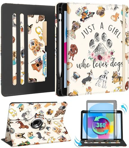 Kidcube iPad 10th Generation 2022 Case, iPad (A16) 11th Generation 2025 - Women Girls Cute Rotating Case with Pencil Holder and Card Slot Kawaii Cartoon Dog Design