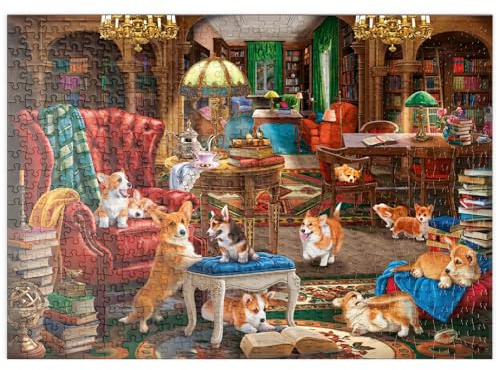 MyPuzzle Corgi-Chaos in der Bibliothek - Premium 500 Teile Puzzle - MyPuzzle Sonderkollektion von Puzzle Galaxy